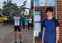 Left: Patrick Furze after the cycling challenge; Right: Henry Furze in front of the Overton’s Lorsdfield Community Pool