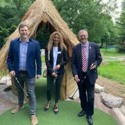 The opening of Charlton Lakes Adventure Golf, Councillor Phil North, Carolyn D'Costa finance director, and Councillor David Drew