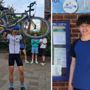 Left: Patrick Furze after the cycling challenge; Right: Henry Furze in front of the Overton’s Lorsdfield Community Pool