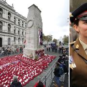 Left: Wreaths by the Cenotaph after the Remembrance Sunday service in Whitehall. Right: Former Army nurse, Amelia Cummings, from Larkhill