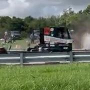 A screen grab of a video of Thruxton Race Circuit crash shared by a member of the public.