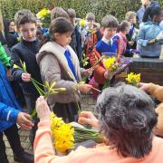 Children give bunches of spring flowers to the residents at Ashbourne Court Care Home