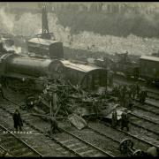 View of the 1914 rail crash at Andover, from a photographic postcard by Fred Wright