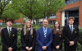 Head boy and girl for 2024-25 Zach Pelham and Chloe Harkin, headteacher Russell Stevens, current girl and boy Ellie Ponting and Harry Law