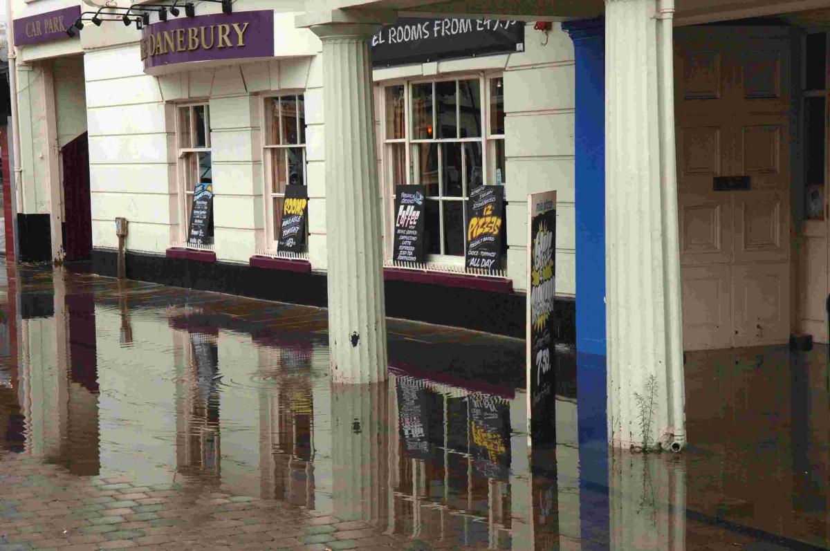 A sudden downpour on a Wednesday lunchtime flooded the front of the Danebury Hotel in 2006