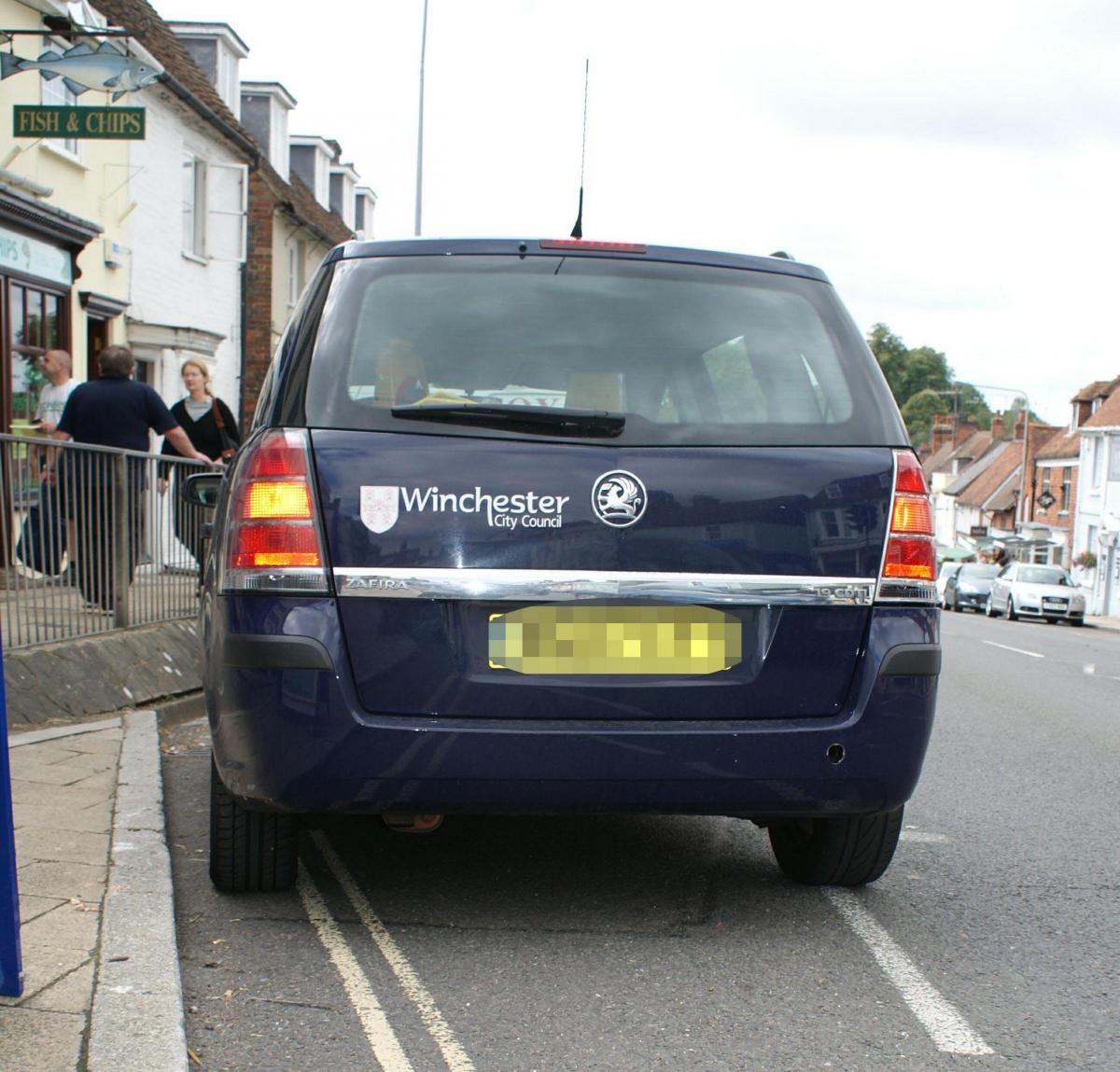 Winchester City Council Parking attendant's van parked on double yellow lines