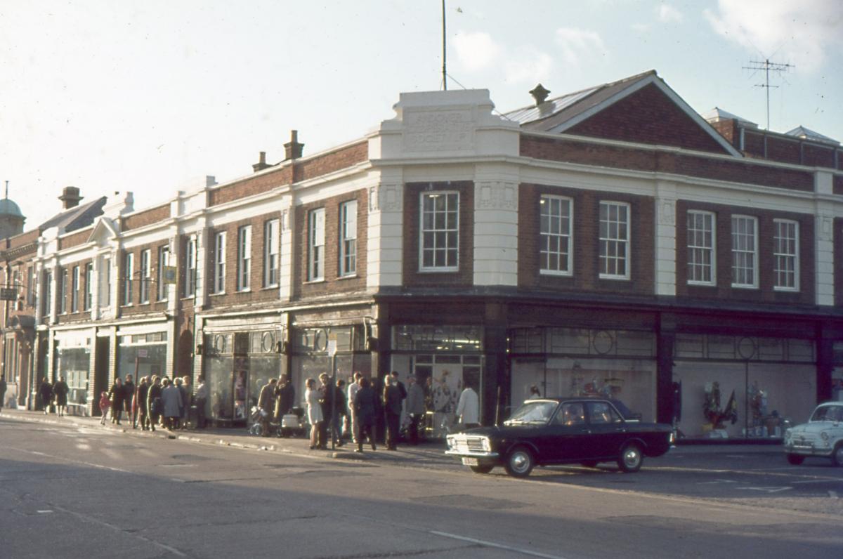 The Co-op Department Store on Bridge Street.  The inscription above the first floor on the corner of the building reads: "Andover Cooperative Society Ltd".

From the collection of Jeffrey Saunders