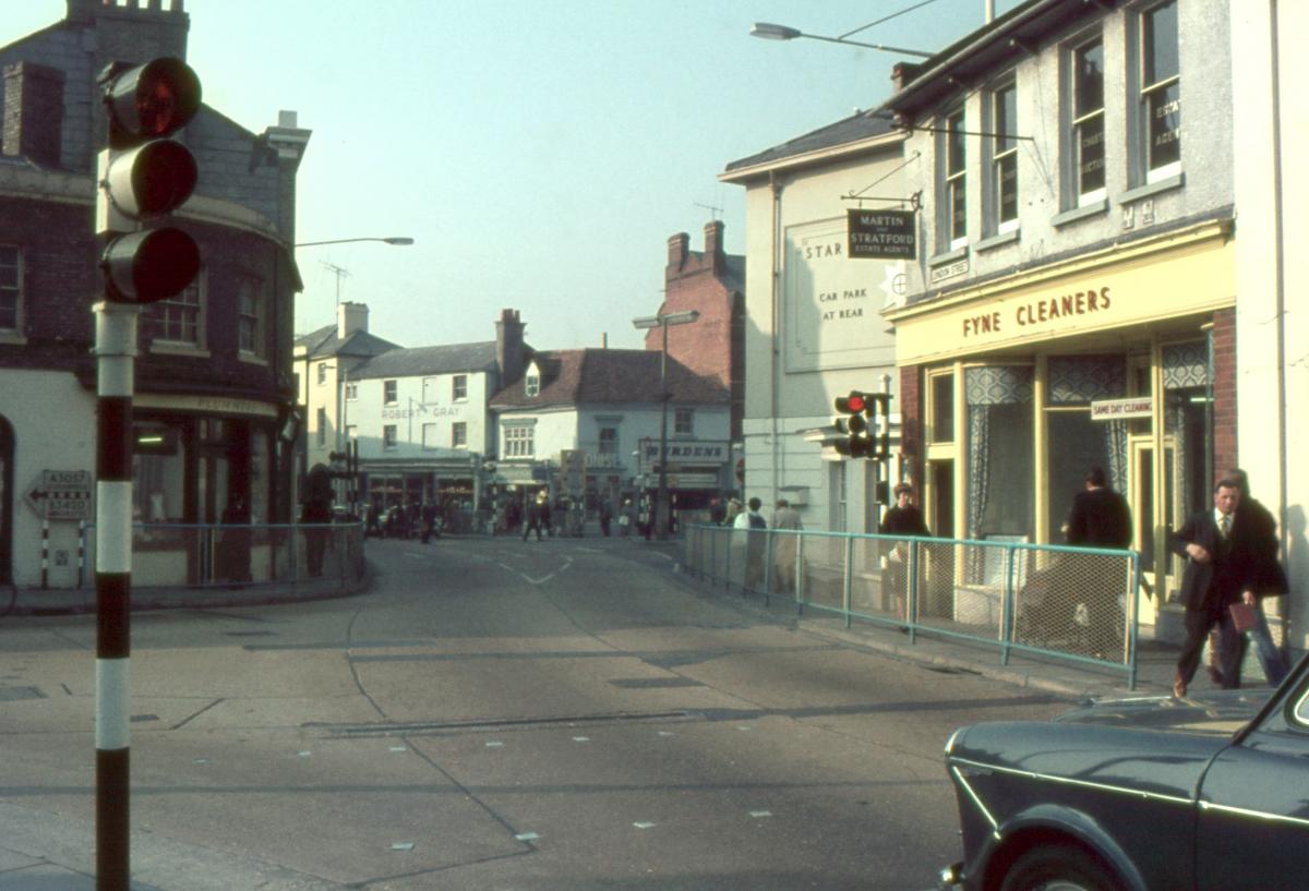 The junction of Winchester Street, High Street and Bridge Street taken from London Street (A303). Note the traffic lights at this staggered crossroads with two-way traffic coming and going from all four streets!

Picture for the Jeffrey Saunders collect