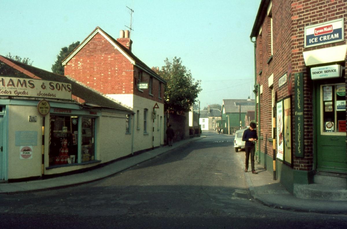 East Street from London Street looking north. The Drill Hall (green tin building) can just be seen in the background.

Photo from the Jeffrey Saunders collection.