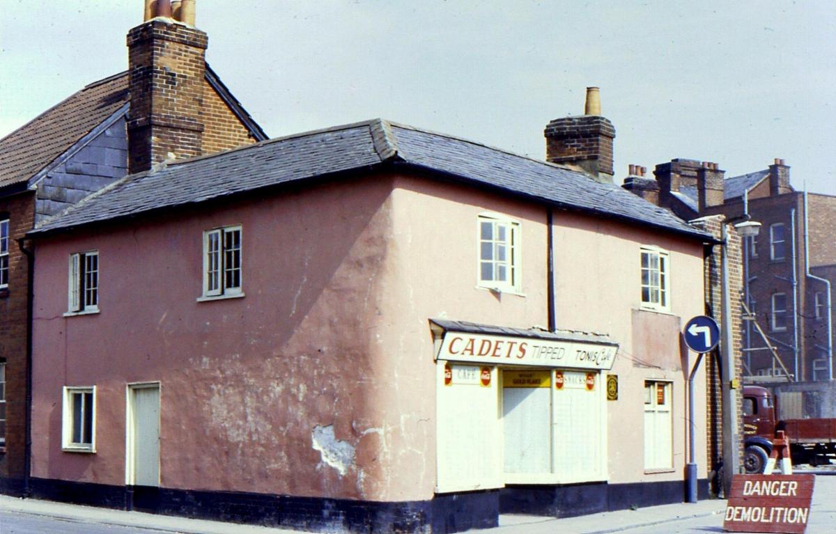 Tony's Café, West Street, closed and ready for demolition. Today the site of Chantry Centre roughly where the Library entrance, Pandora and Vision Express lie today.

Picture from the Jeffrey Saunders collection.