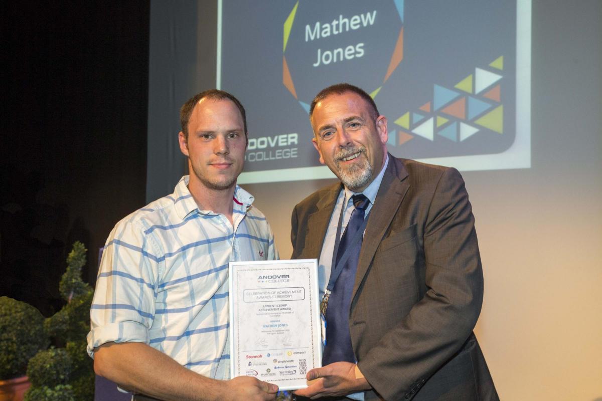 2016 Award Winner Apprenticeship Achievement Award Winner Mathew Jones with Vice Principal Curriculum Stuart Barlow