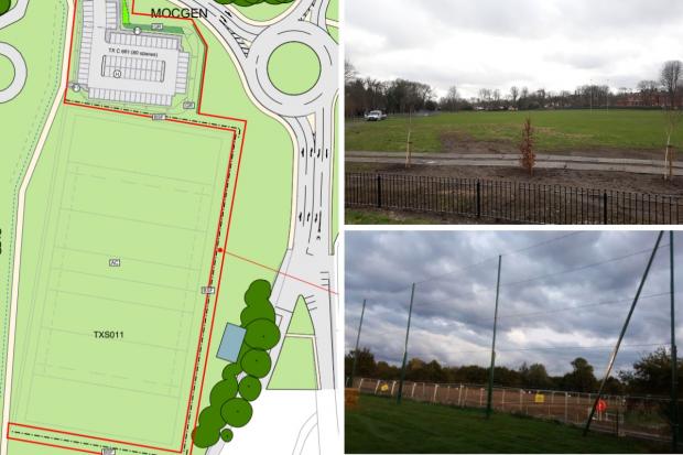 The fencing (exemplar shown bottom right) will surround the relocated pitch on three sides. Credit: Wiltshire Council