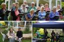Top; Andover Choral Society, bottom left; Andover Choral Society’s conductor, Peter Ford with their accompanist, Julie Aherne, bottom right; Andrew Pomphrey and friends entertaining guests during the tea