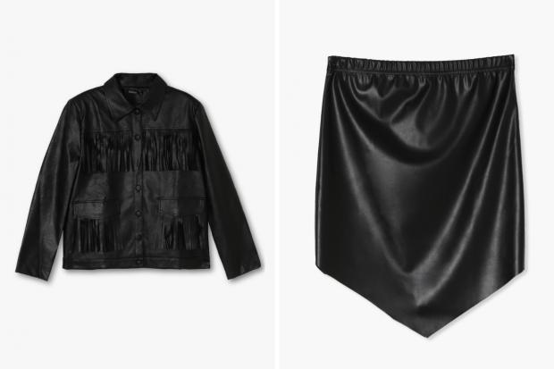 Andover Advertiser: (Left) Fringe Faux Leather Jacket and (right) Pointed Hem PU Mini Skirt in black (Boohoo/Canva)