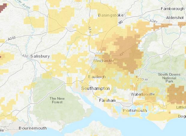 Andover Advertiser: The interactive map shows the maximum radon potential across all of Hampshire. Picture: UKradon