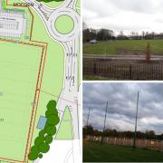 The fencing (exemplar shown bottom right) will surround the relocated pitch on three sides. Credit: Wiltshire Council