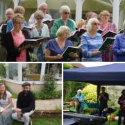 Top; Andover Choral Society, bottom left; Andover Choral Society’s conductor, Peter Ford with their accompanist, Julie Aherne, bottom right; Andrew Pomphrey and friends entertaining guests during the tea