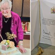 Left: Joan Jenkins cutting her 100th birthday cake; Right: The birthday card she received from the King