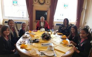 Katerina Kotelnik and friends from Appleshaw School, enjoying a Tea Party with the Mayor of Test Valley, Cllr Alan Dowden in the Mayor’s parlour at the Guildhall.