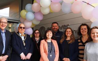The Mayor and Mayoress of Test Valley, Councillor Philip Lashbrook and Mrs Lashbrook meeting the Andover Community Church staff team and unveiling their new signage